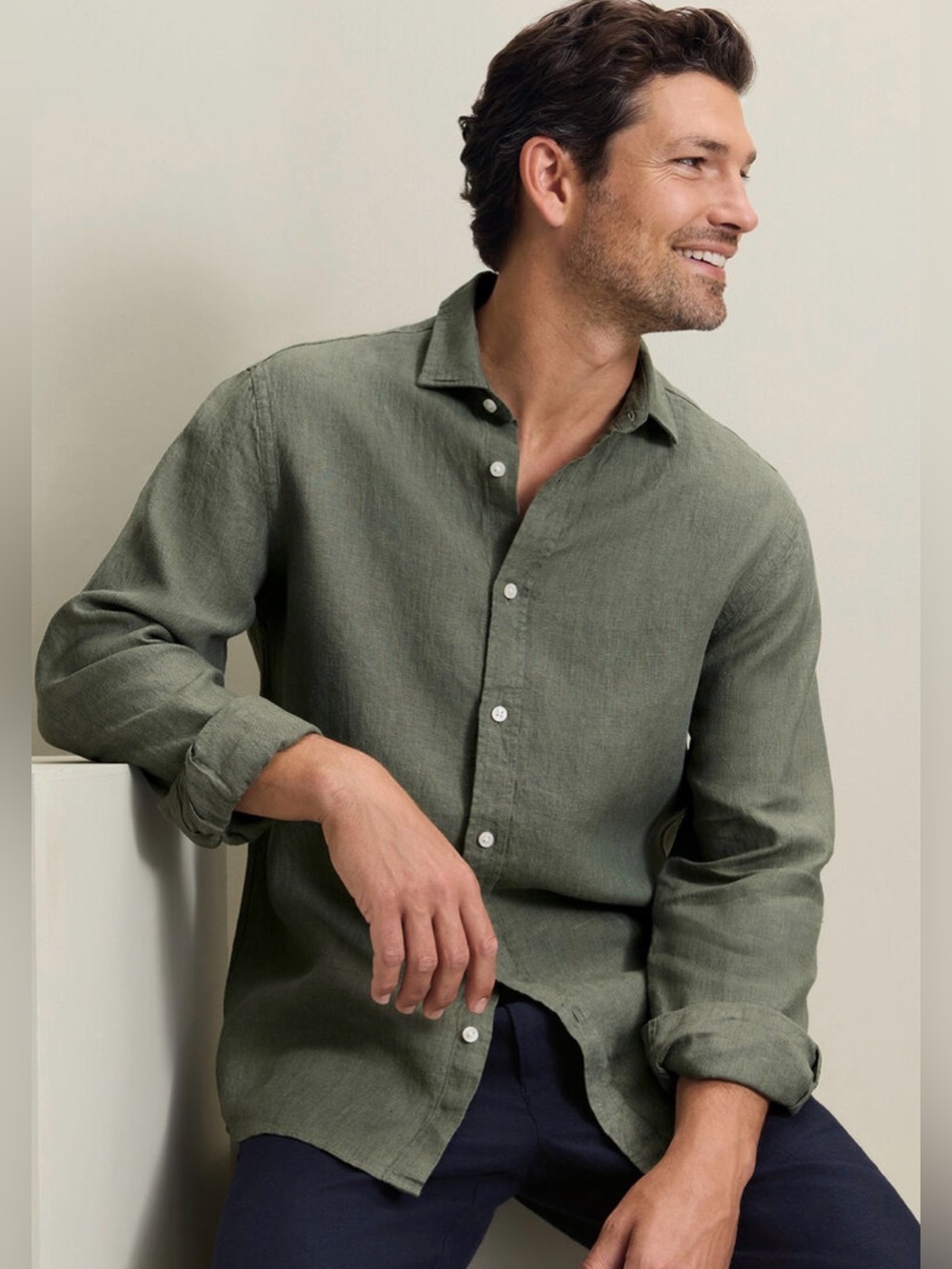 Charles Tyrwhitt Men's Large NWT Olive Green Pure Linen Classic Fit Shirt Large